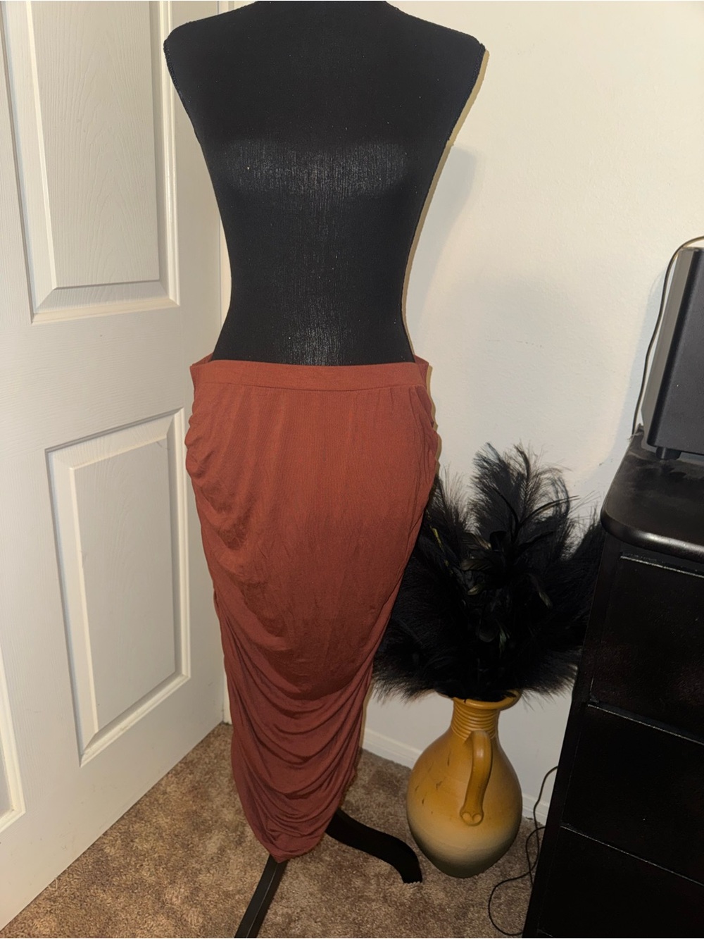 Ruched Maxi Skirt in Rust - Women's Stretch Skirt